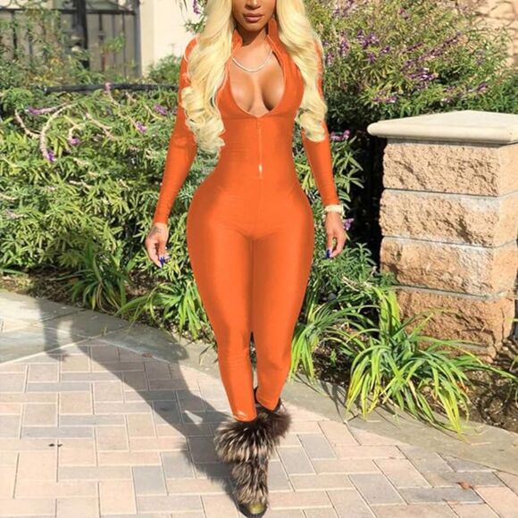 ECHOINE Sexy Orange Zip Up One Piece Deep V-Neck Bodycon Clubwear Jumpsuit Sz L - Picture 2 of 8